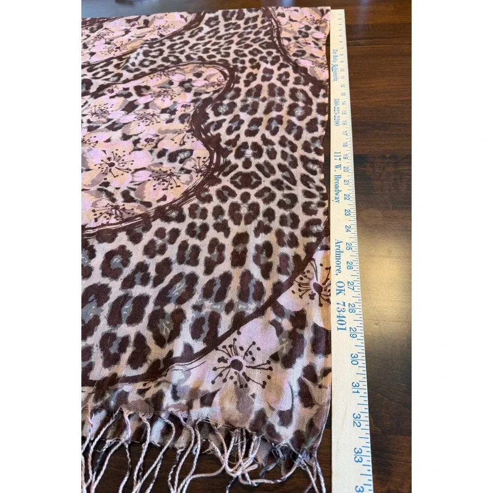 Leopard Floral Scarf Brown Pink Animal Print Fringe Wrap‎ Boho-Chic Maximalist